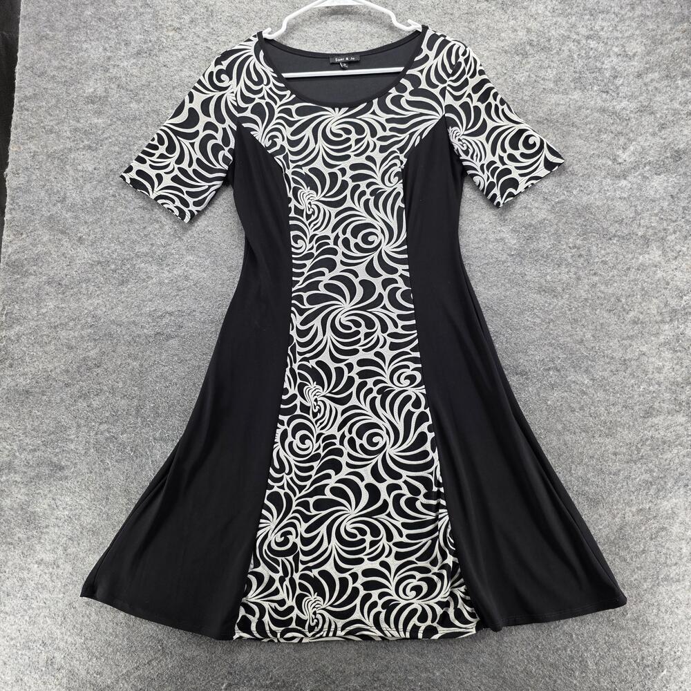 Sami & Jo Dress Womens Medium Black White A-Line Fit & Flare Short Sleeve Knit